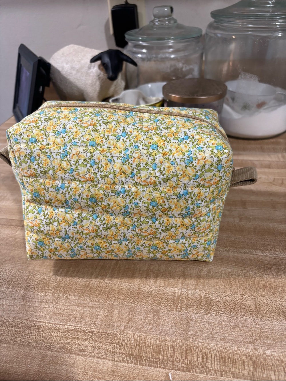Floral Quilted Yellow Cosmetic Pouch, handmade